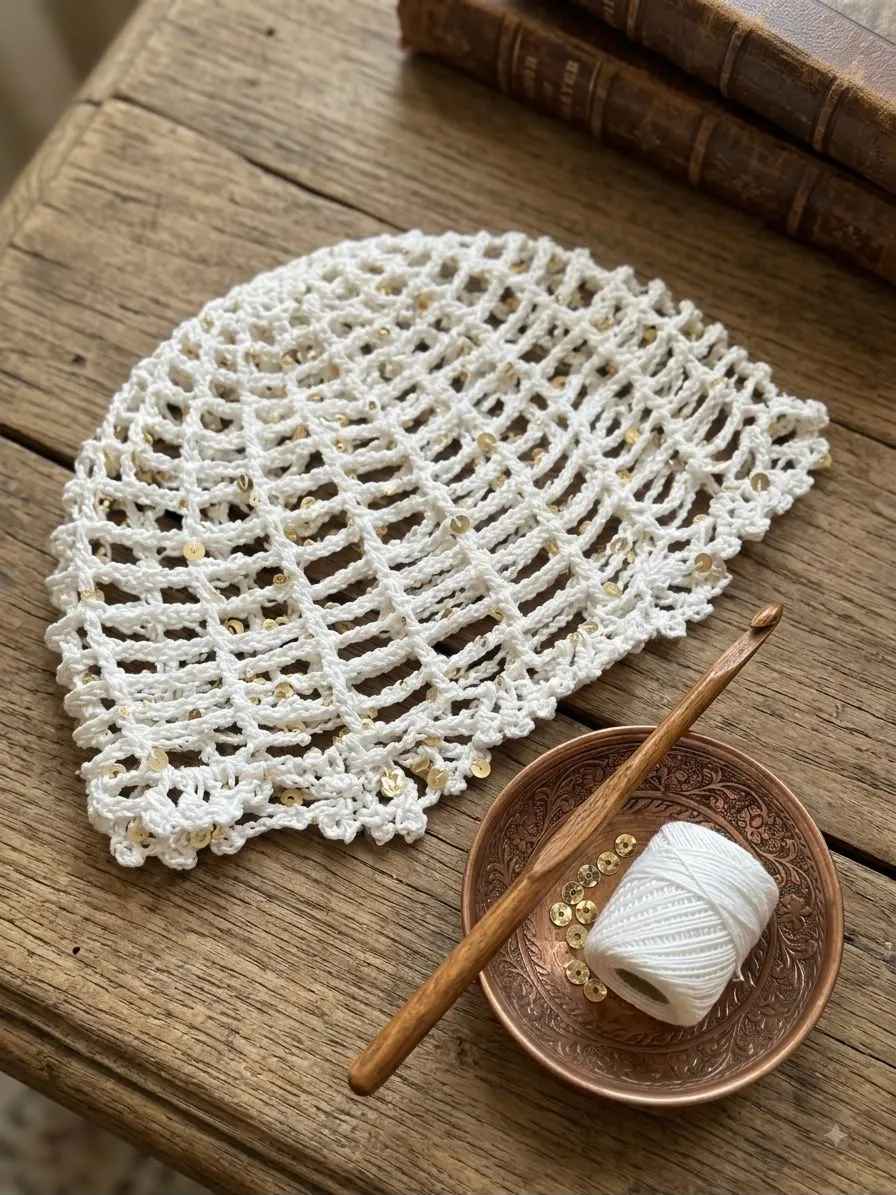 Işıltılı Pul Detaylı El Yapımı Örgü Bere / Bone (Krem / Ekru)